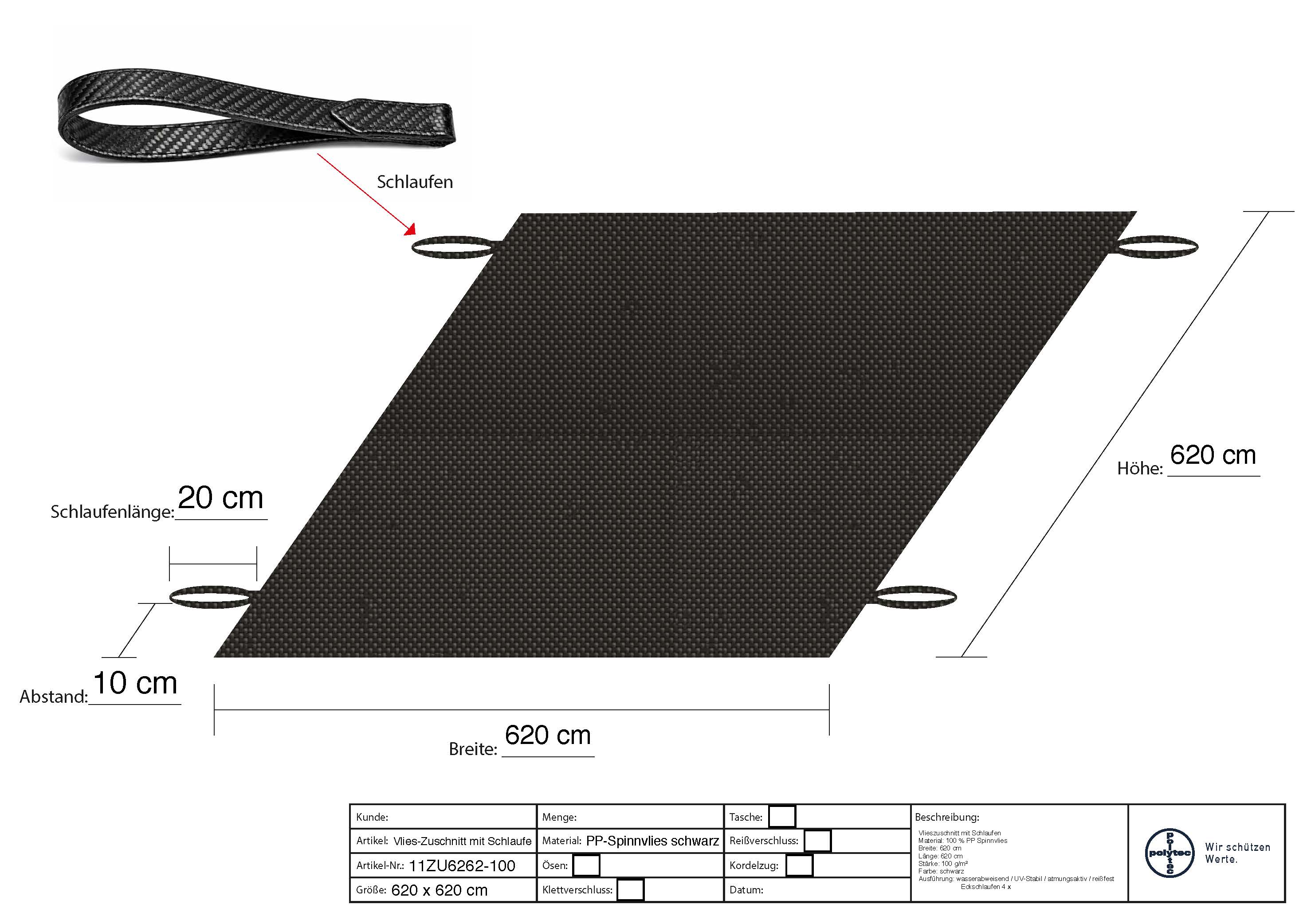 Vlies Zuschnitt mit Schlaufen 6,2 x 6,2 m
